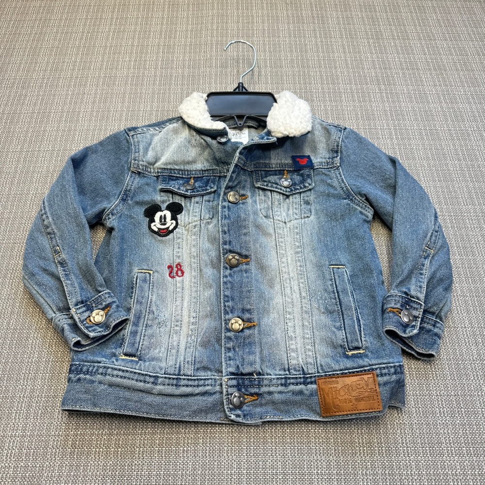 Disney Mickey Mouse Kids Denim Jacket Blue Fleece Collar Size 3 Vintage‎ Style